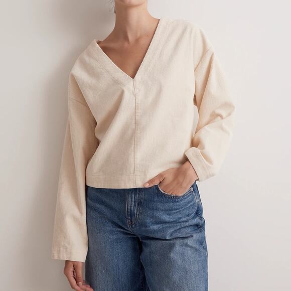 Madewell Cream Waffle-Knit Relaxed V-Neck Top Medium - Picture 1 of 5